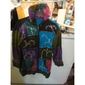 Made in Nepal womens XL colorful cotton hoodie patchwork zipered jacket